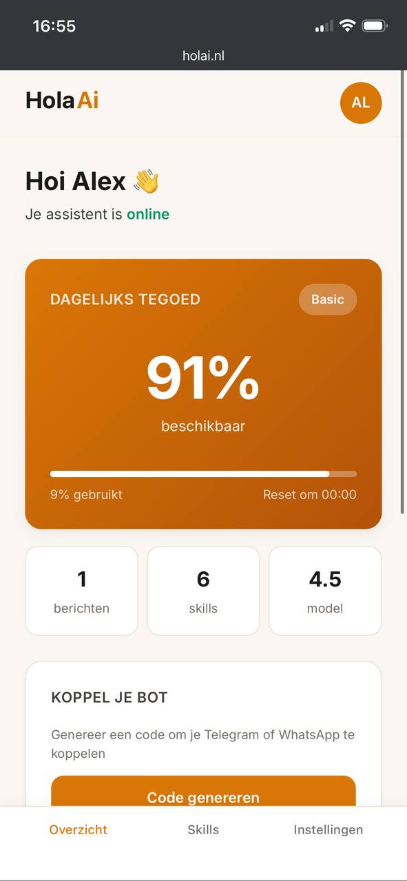 Dashboardoverzicht van de Hola AI portal